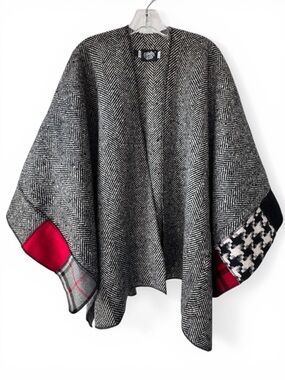 Cameleon Wool Poncho Herringbone with Red & Houndstooth Patchwork